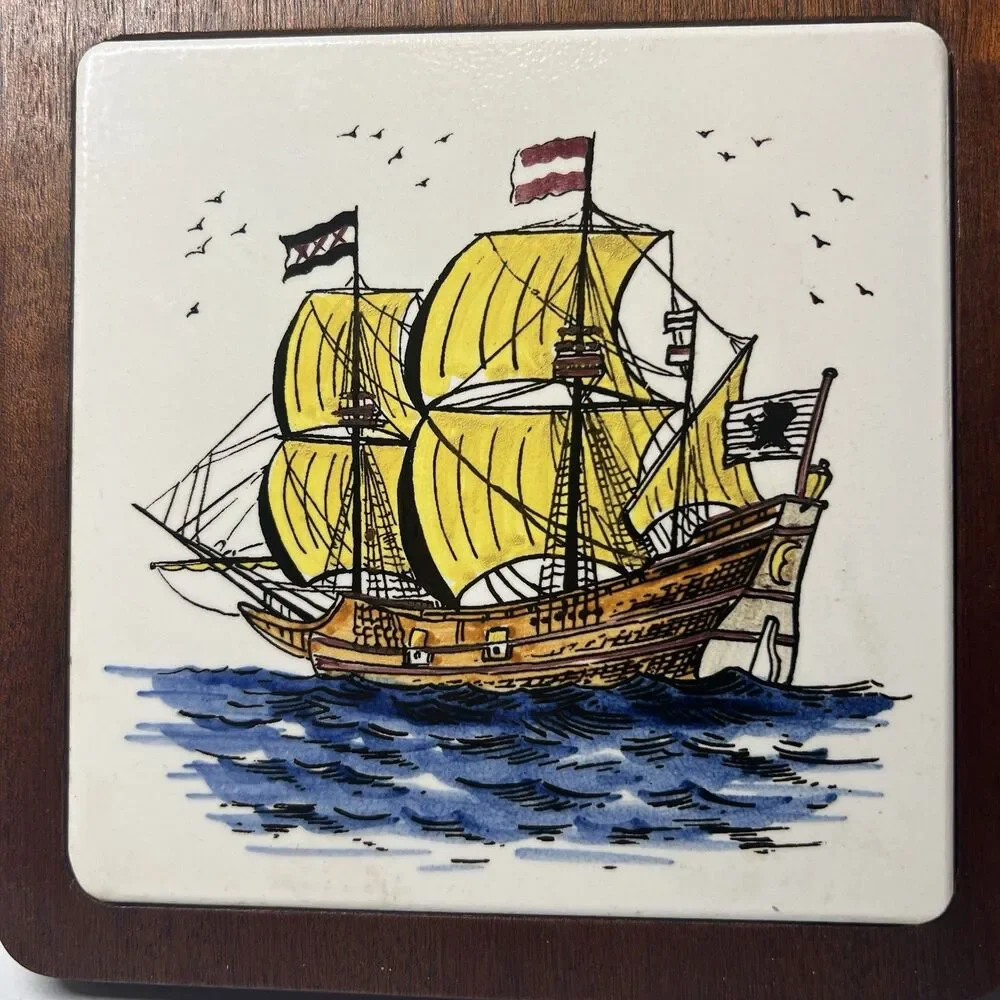 Vintage Wooden Cutting Board Cheese Tray with Hand Painted Ceramic Galleon Ship
